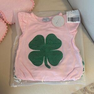 Girls' Pink Long-Sleeve Bubble Romper with Green Sequin Clover Appliqué
